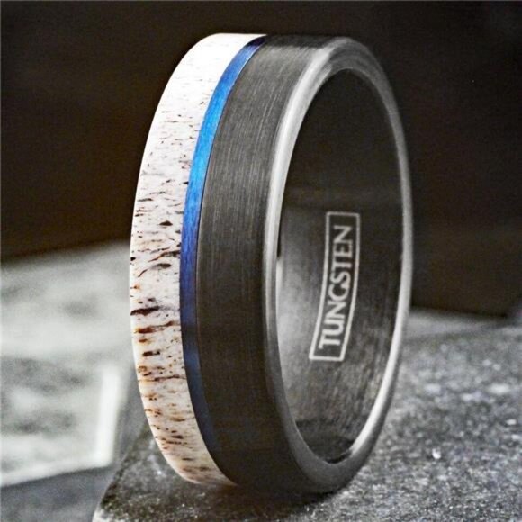 Men's Wedding Band Rings - Black Blue Deer Antler Design - Wedding Rings - Picture 6 of 7